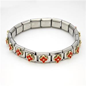 Stainless Steel Module Bracelet Clover Red Enamel, approx 9mm, 17cm length