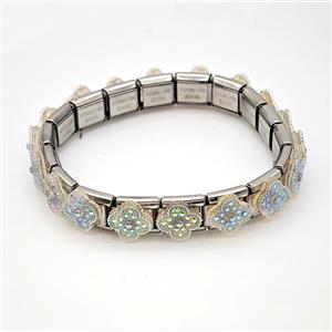 Raw Stainless Steel Module Bracelet Pave Acrylic Clover, approx 9-10mm, 17cm length