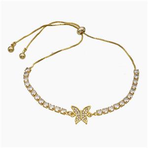 Copper Bracelet Pave Crystal Glass Butterfly Adjustable Gold Plated, approx 11mm, 3mm, 24cm length