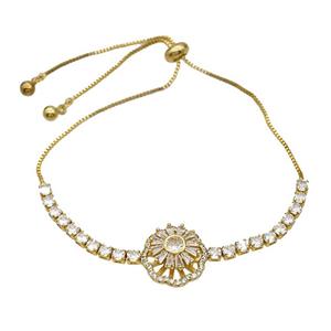 Copper Bracelet Pave Crystal Glass Daisy Flower Adjustable Gold Plated, approx 12mm, 15mm, 3mm, 24cm length