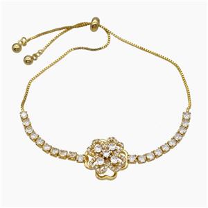 Copper Bracelet Pave Crystal Glass Clover Adjustable Gold Plated, approx 15mm, 3mm, 24cm length