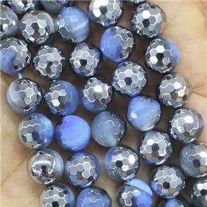 Blue Stripe Agate Beads Faceted Round Half Silver Plated, approx 10mm dia