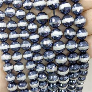 Black Tibetan Agate Beads Line Faceted Round Light Electroplated, approx 10mm dia