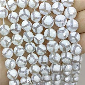 White Tibetan Agate Beads Faceted Round Football Electroplated, approx 10mm dia