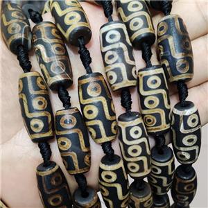 Tibetan Style Agate Barrel Beads Evil Eye Yellow Black Rice, approx 14-30mm, 9pcs per st