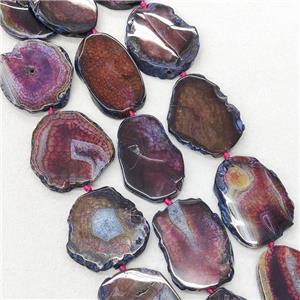 Natural Veins Agate Slice Beads Freeform Fuchsia Dye, approx 20-40mm