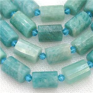 green Amazonite tube Beads, faceted cylinder, approx 10x14mm