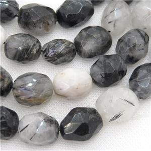 black Rutilated Quartz Beads, faceted freeform, approx 12-16mm