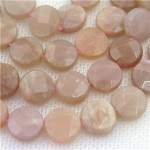 peach moonstone beads, faceted circle, approx 14mm dia