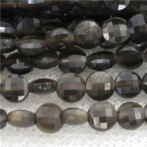 Obsidian Beads, faceted coin, approx 4mm dia