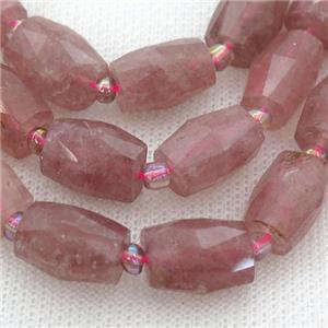 pink Strawberry Quartz Beads, faceted barrel, approx 9-14mm