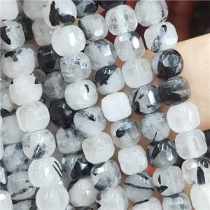 black Rutilated Quartz Beads, faceted cube, approx 6.5mm