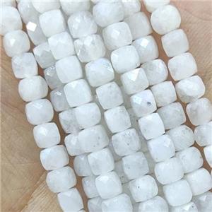 white MoonStone Beads, faceted cube, approx 4mm