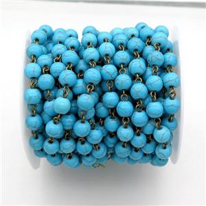 Blue Assembled Turquoise Chain With Bronze Pin, approx 4mm bead