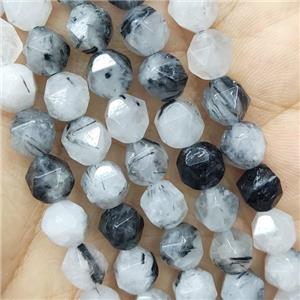 Black Rutilated Quartz Beads Cut Round, approx 7-8mm