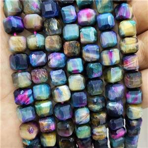 Tiger Eye Stone Beads Multicolor Faceted Cube, approx 8-10mm