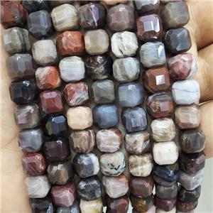 Natural Wood Petrified Jasper Beads Faceted Cube, approx 8-10mm