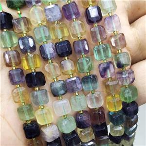 Natural Fluorite Beads Multicolor Faceted Cube, approx 7-8mm