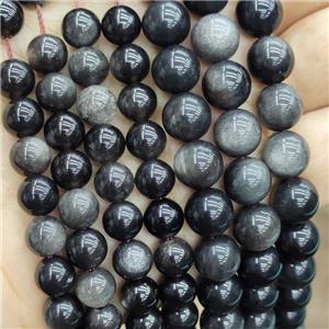 Natural Obsidian Beads Silver Flash Smooth Round, approx 8mm dia