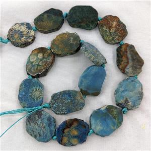 Natural Coral Fossil Slice Beads Blue Dye Freeform, approx 20-25mm