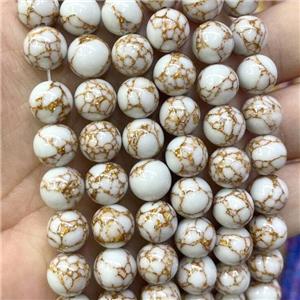 Synthetic White Turuqoise Beads With Golden Line Smooth Round, approx 4mm dia