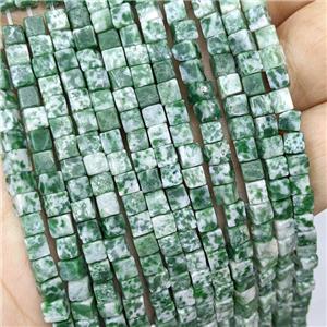 Natural Green Dalmatian Jasper Cube Beads, approx 4mm