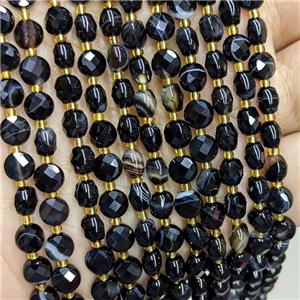 Natural Black Stripe Agate Beads Band Dye Faceted Coin, approx 6mm