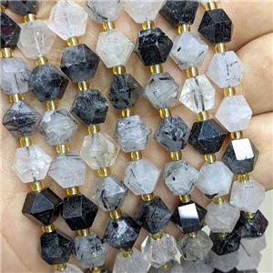 Natural Black Rutilated Quartz Beads Cut Bicone, approx 8-10mm