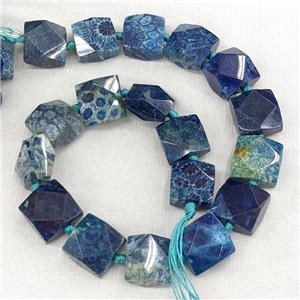 Natural Coral Fossil Square Beads Faceted Blue Dye, approx 18x18mm