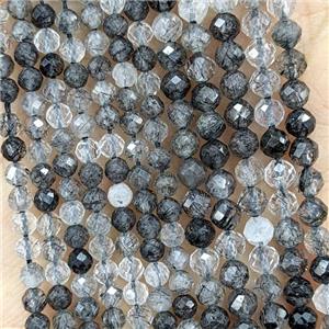 Natural Black Rutilated Quartz Beads Faceted Round, approx 3mm