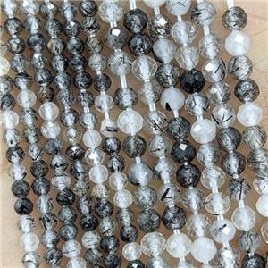 Natural Black Rutilated Quartz Beads Faceted Round, approx 2mm