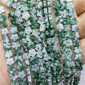 Green Dalmatian Jasper Flower Beads, approx 6mm