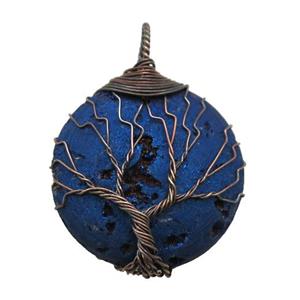 blue electroplated Agate Druzy circle pendant wire warpped tree of life, approx 32mm dia