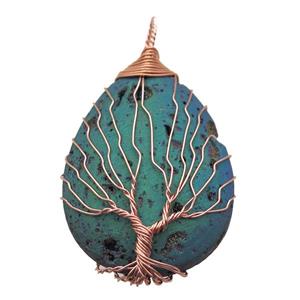 green electroplated Agate Druzy teardrop pendant wire warpped tree of life, approx 32-45mm