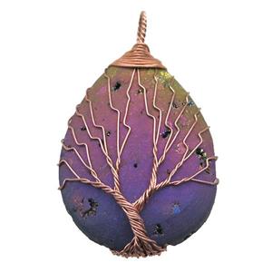 rainbow Agate Druzy teardrop pendant wire warpped tree of life, approx 32-45mm