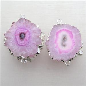 hotpink Solar Quartz Druzy slab connector, freeform, silver plated, approx 15-30mm