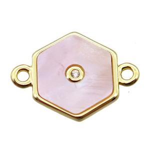 pink Queen Shell hexagon connector, gold plated, approx 12mm dia