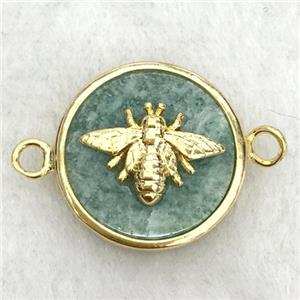 green Amazonite circle connector with honeybee, approx 15mm dia