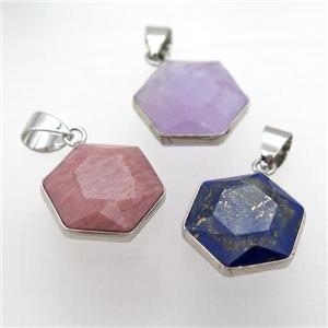 mixed Gemstone pendant, faceted hexagon, approx 14-16mm