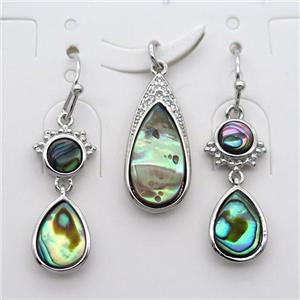 copper Hook Earrings and pendant pave zircon with Abalone shell, platinum plated, approx 5mm, 7-10mm, 8-16mm