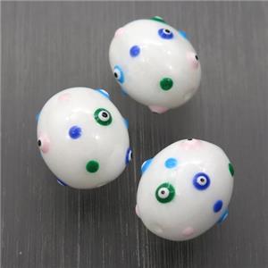 white lampwork Glass barrel Beads with evil eye, approx 12-15mm