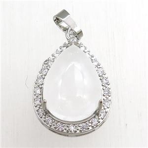 clear quartz pendant paved rhinestone, teardrop, platinum plated, approx 13-18mm, 18-25mm