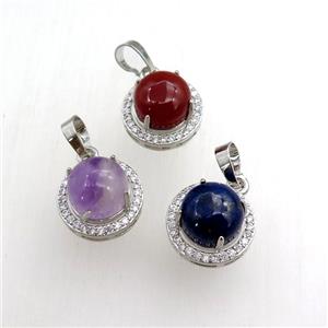 mixed gemstone pendant paved rhinestone, circle, platinum plated, approx 11mm, 16mm dia