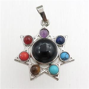 black onyx agate chakra pendant, platinum plated, approx 11mm, 27mm dia