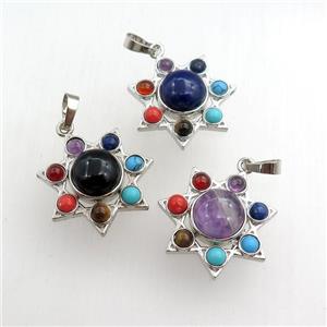 mix gemstone chakra pendant, star, platinum plated, approx 11mm, 27mm dia