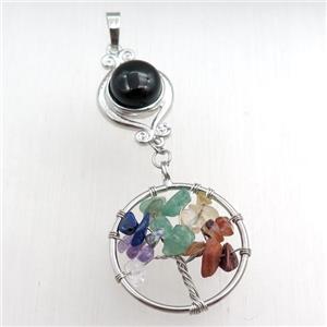 black onyx agate chakra pendant with tree of life, approx 11mm, 18mm, 28mm