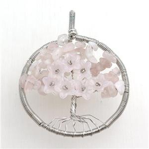 rose quartz pendant, tree of life, wire wrapped, approx 45mm