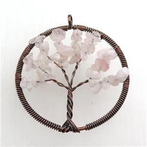 rose quartz pendant, tree of life, wire wrapped, approx 45mm