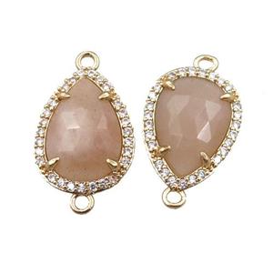 peach moonstone connector pave rhinestone, faceted teardrop, approx 12-16mm