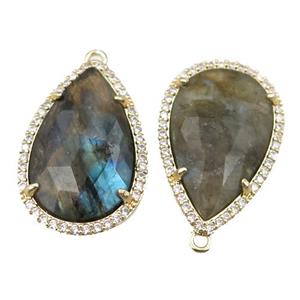 Labradorite pendant pave rhinestone, faceted teardrop, approx 16-25mm